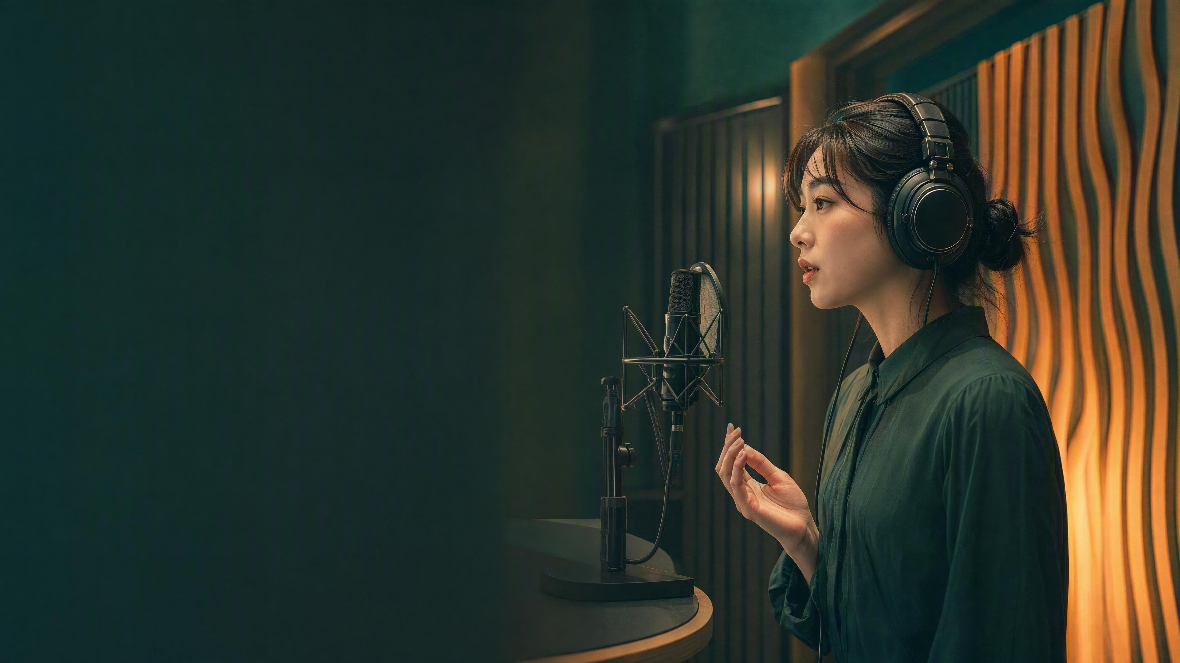 English pronunciation coach practising rhythm in a recording studio