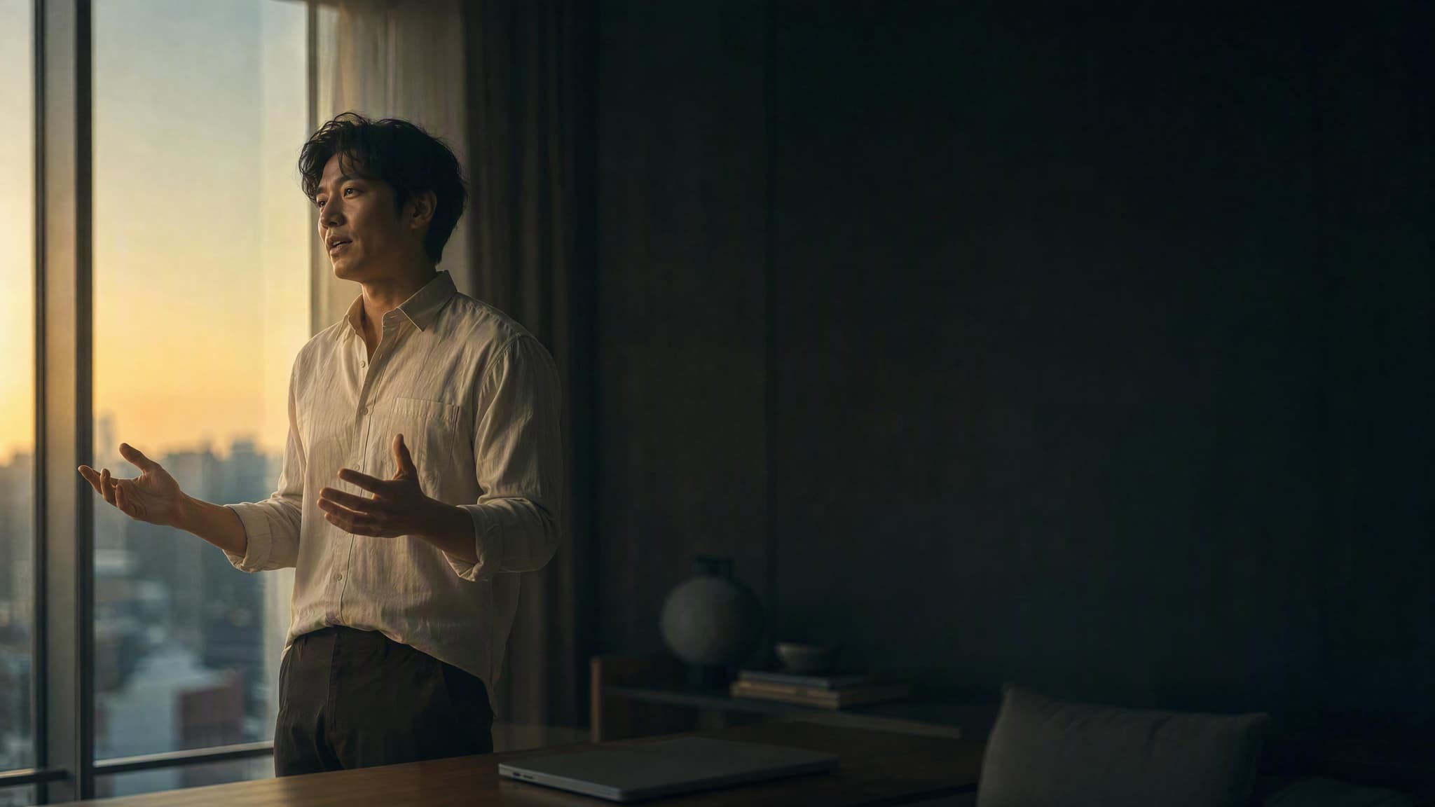 East Asian professional rehearsing an English presentation aloud at home